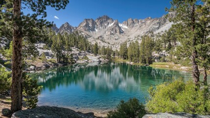 Fototapeta na wymiar Serene Mountain Lake with Reflective Waters and Pines