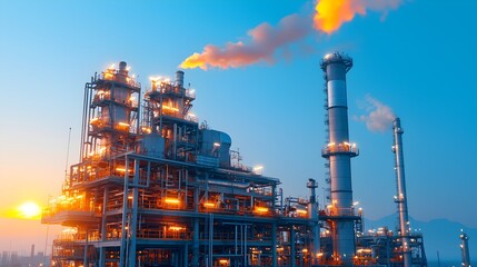 Fototapeta premium Majestic silhouette of an oil refinery plant against a glowing dramatic sunset sky The massive industrial complex is illuminated by the warm lights creating a captivating and powerful landscape