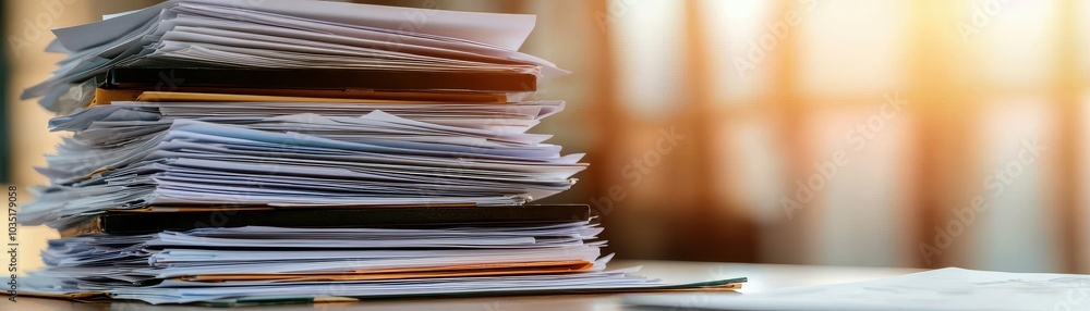 Aufkleber a stack of various documents rests on a table with soft sunlight illuminating the scene, suggesting 