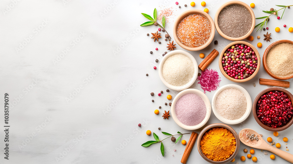 Poster various spices are arranged in bowls on a marble surface, highlighting an array of colors and textur