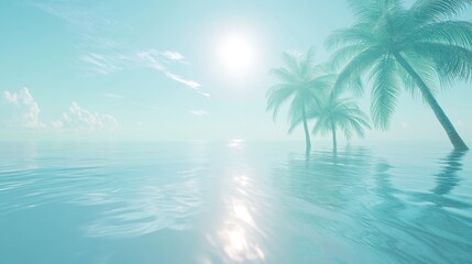 Obraz premium Tranquil Tropical Ocean with Palm Trees Under Sunlight