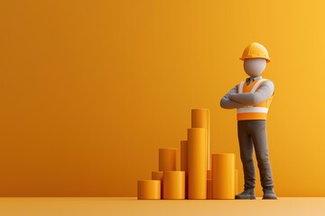 A construction figure stands confidently beside orange bar graphs against a bright yellow background, symbolizing growth and industry.