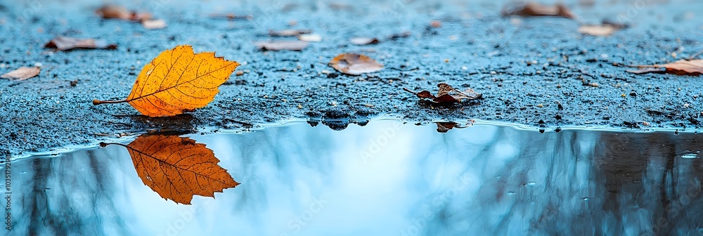 Poster Mesmerizing mirrored reflections in a tranquil puddle symbolizing the duality of perception and the depths of inner thoughts  This captivating image invites contemplation and a deeper of the self