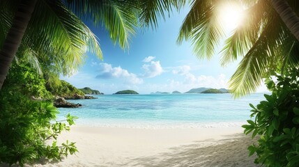 Fototapeta premium Serene Tropical Beach with Blue Sky and Palm Trees