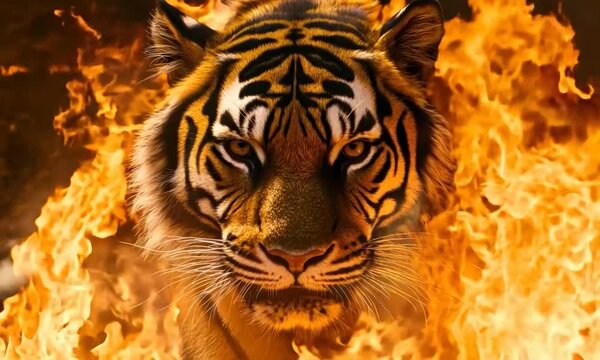Fierce tiger with flames in background