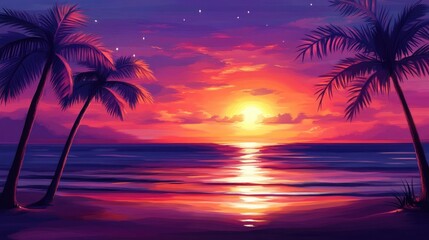 Vibrant Sunset Over Calm Ocean with Palm Trees