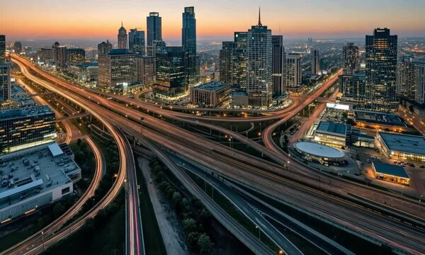 Aerial view of a bustling city at dusk, showcasing a complex network of highways and illuminated skyscrapers. The long exposure captures the motion of vehicles