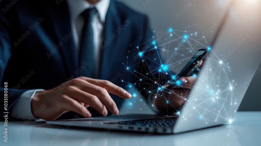 Poster Businessman Using Technology for Networking and Connectivity