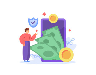 legal online loan concept. safe, official, and fast money lending application or site. borrow money. illustration of a customer with money coming out of a smartphone. flat style design. elements