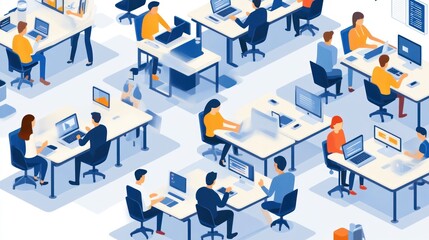 An isometric illustration of a modern office with employees working at their desks.