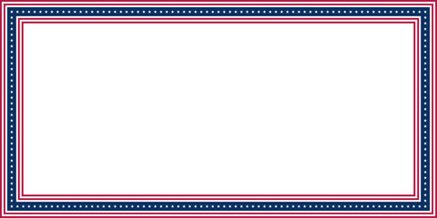Blank rectangle frame with elements of the US flag, isolated on a transparent background. Abstract border for American national holidays. Copy space. Vector illustration
