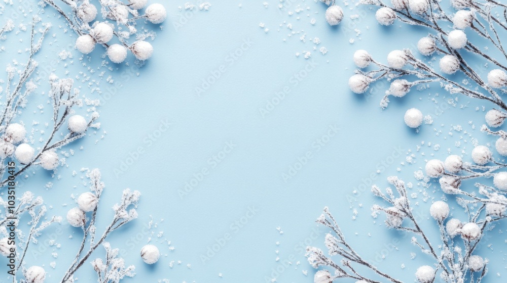 Poster Frosty branches with white berries are arranged around a blue background with scattered white flecks, creating a wintery scene.