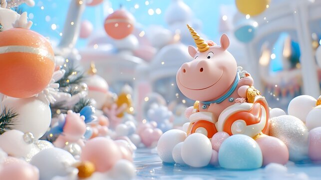A whimsical scene featuring a cheerful unicorn pig surrounded by colorful pastel spheres in a dreamy, playful setting.