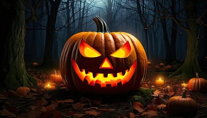 Glowing carved pumpkin in a dark forest, Halloween ambiance, spooky atmosphere.