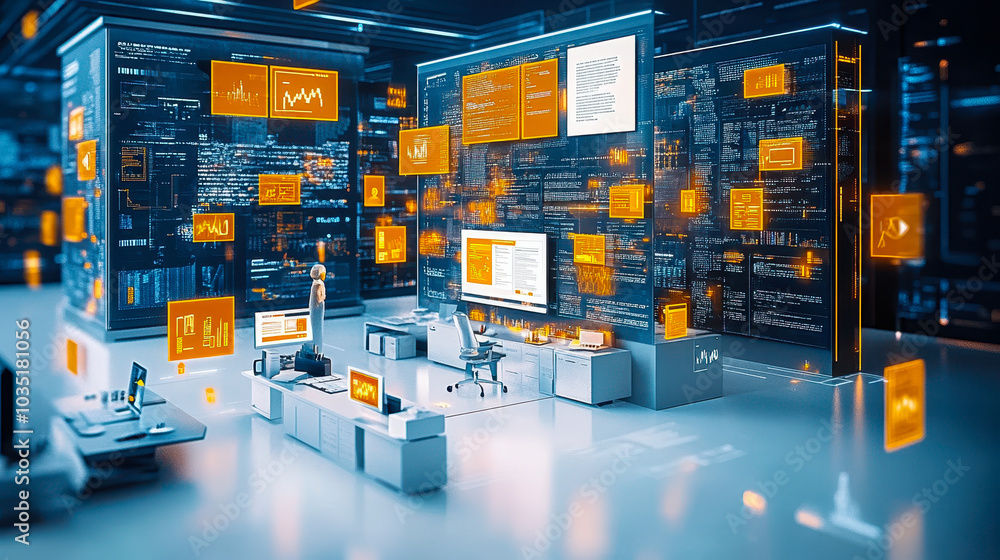 Poster modern office document management with digital integration for efficient workflow and collaboration 