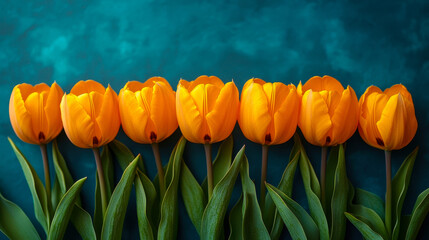 Obraz premium Spring Yellow Tulips in a Vibrant Horizontal Arrangement Against Teal Background Capturing Freshness and Renewal
