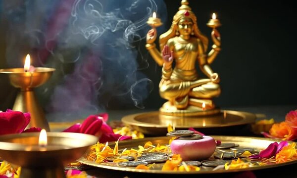 A hand is seen placing a coin as an offering in a religious setting. The background features a golden statue of a Hindu goddess, marigold flowers, incense, and lit candles, Indian holiday