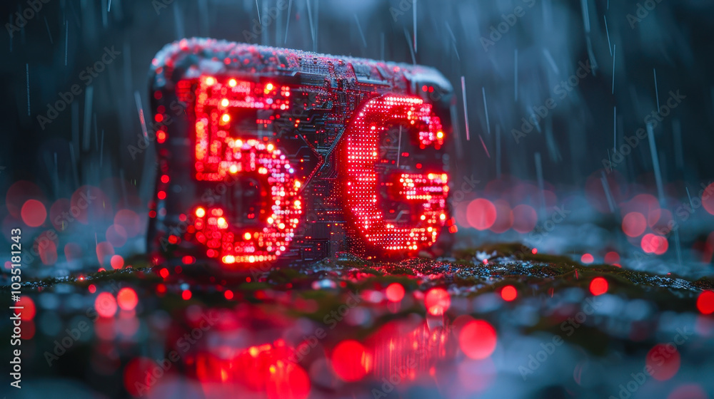 Poster illuminated red 5g network sign in rainy night with digital glowing text on wet surface highlighting