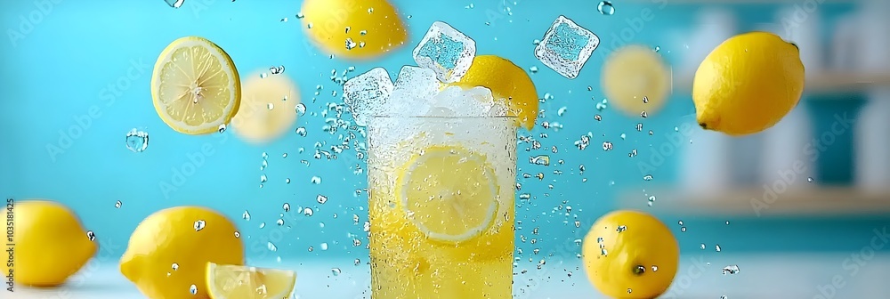 Poster refreshing and invigorating lemonade splash with falling ice cubes in a glass creating a chilled and