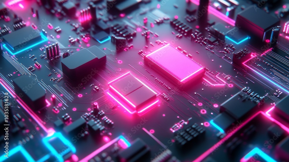 Poster a digital technology background featuring an ai hologram in an ai chip. also included is a circuit b