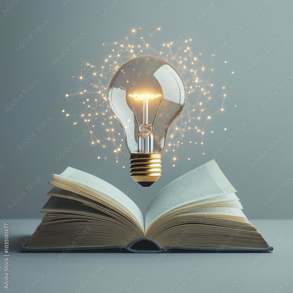 Aufkleber Lightbulb Illuminating an Open Book with Sparkles