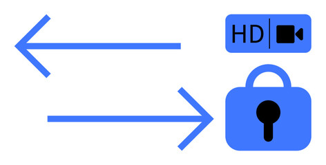 Blue arrows pointing in opposite directions, a padlock, and an HD video camera symbol. Ideal for streaming security, data transfer, online privacy, encryption, and video quality. Simple flat style