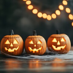 Fototapeta premium Three carved, glowing jack-o'-lanterns are displayed against a dark background, accented by soft, warm string lights, evoking a festive Halloween atmosphere.