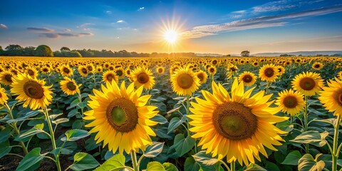 Fototapeta premium A colorful sunflower field dancing in the sunlight against a bright blue sky—perfect for nature lovers, floral themes, summer landscapes, and exquisite outdoor photography.