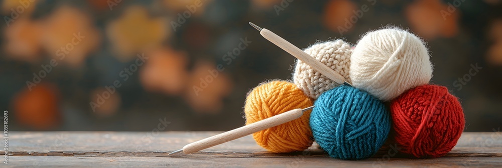 Poster scattered knitting yarn and needles in a variety of vibrant colors and soft cozy textures creating a