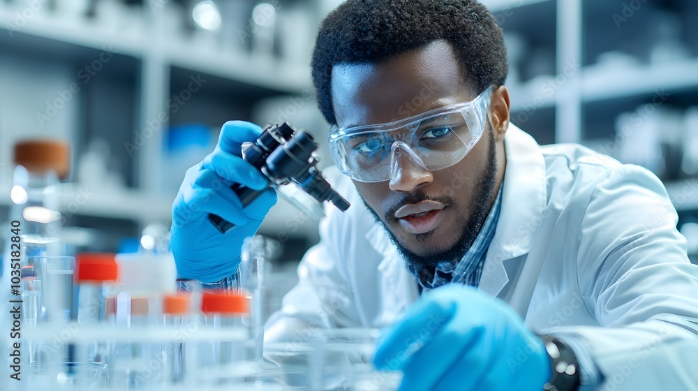 Poster Scientist in lab coat analyzing biofuel samples using advanced processing technology and laboratory equipment in a modern research setting