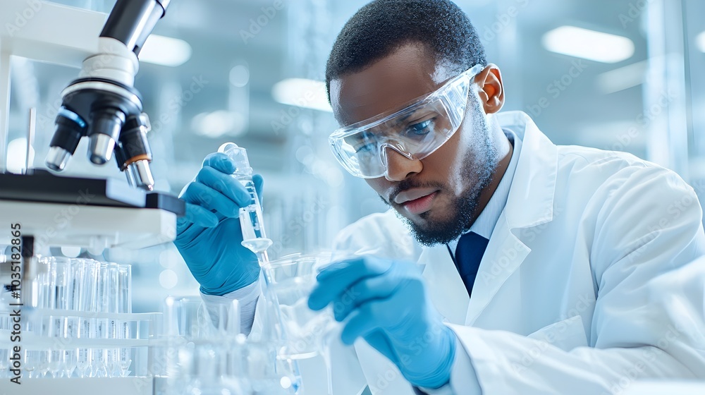 Poster scientist in lab coat carefully analyzing biofuel samples using advanced scientific equipment and pr