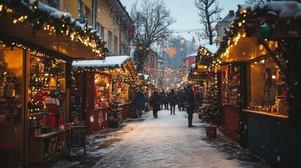 Fototapeta premium Beautiful Christmas market in european old town, no people, New Year lights, decorated shops