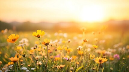 Fototapeta premium Bright Summer Flowers at Sunrise in a Vibrant Field