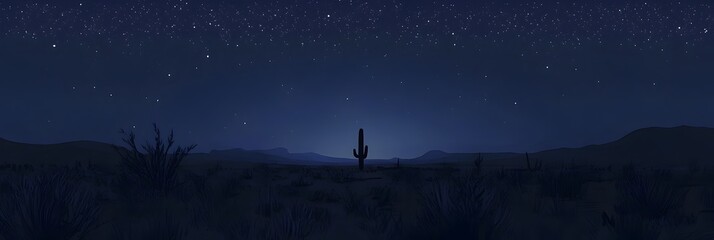 A quiet serene desert landscape at night with a clear sky full of twinkling stars and the silhouette of a tall cactus standing tall against the dark atmospheric backdrop