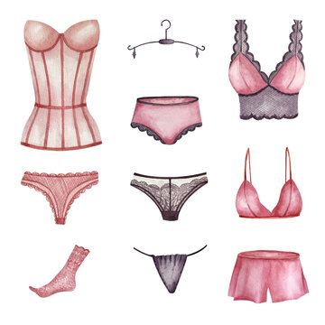 Pink purple underwear and lace socks. Watercolor illustration. Can use with wrapping paper, booklets, postcards, website, packages in lingerie stores, to design a page on social networks