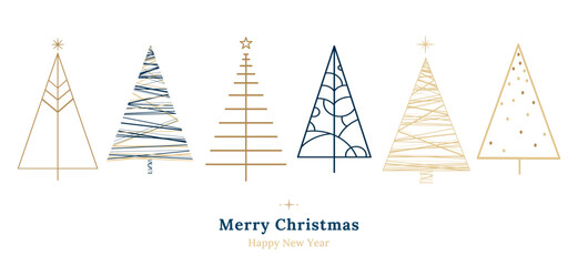 Christmas trees set in Minimalistic linear style drawing. Hand drawn Scandi christmas trees geometric style design collection. Abstract Xmas decoration. Modern pine trees. Vector illustration