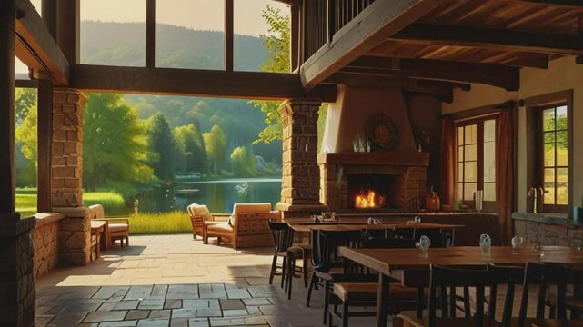 Classic restaurant in the countryside, 4K seamless looping virtual video animation background