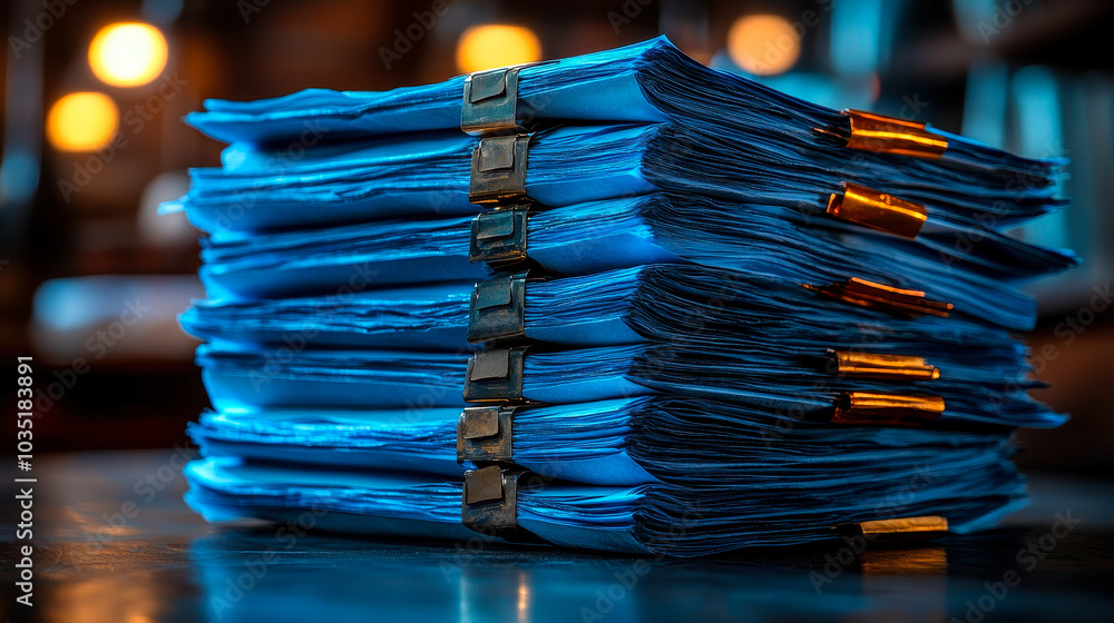 Poster stacked documents with clips demonstrating version control in office setting with warm lighting for 