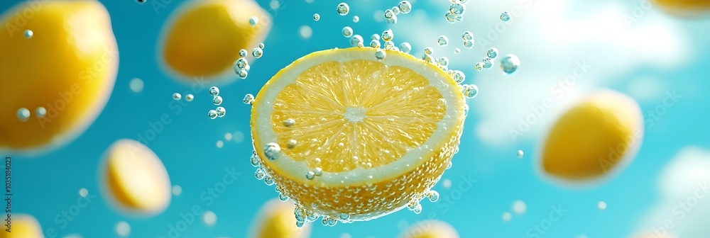 Aufkleber Slices of fresh lemon floating in clear sparkling water with fizzing bubbles in a transparent glass creating a refreshing healthy and rejuvenating beverage for a summer day or tropical vacation