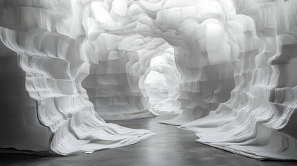 Surreal White Paper Maze Tunnel with Intricate Layers Creating an Enigmatic Passageway Conceptual Art Installation