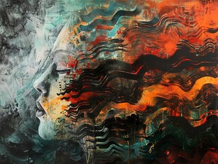 Abstract Expressionist Painting of a Face with Vivid Colors and Dynamic Lines