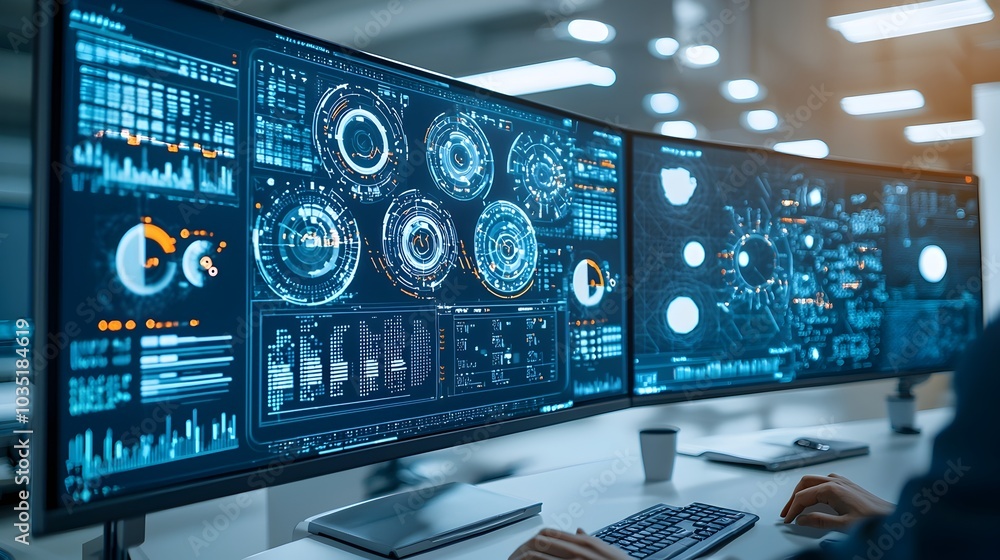 Poster sophisticated control room featuring multiple monitors displaying real time fuel processing data and