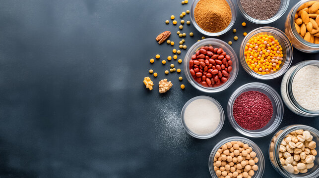 Various spices and legumes are neatly stored in glass jars, showcasing vibrant colors and textures on a dark surface. Perfect for cooking enthusiasts looking for inspiration