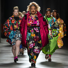Plus-size models walking on a runway in fashionable outfits