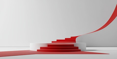 This 3D illustration features a red carpet with an abstract geometric white background