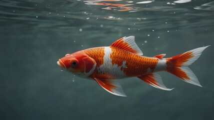a fish with a red and white tail is swimming in the water.