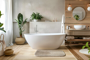 Tiny homes small bathroom with white bath a and wooden textures. Plants in the pot, pastel colors