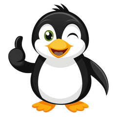 Fototapeta premium Cheerful Cartoon Penguin Giving a Thumbs-Up Pose With a Playful Wink on a White Background