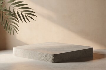 Stone platform sits on a beige background with palm leaves