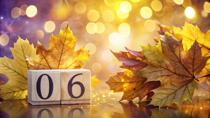 A mesmerizing October 6 calendar featuring bokeh effects and autumn leaves, set against a warm yellow and violet backdrop, encapsulating fall aesthetics and nature's seasonal charm.